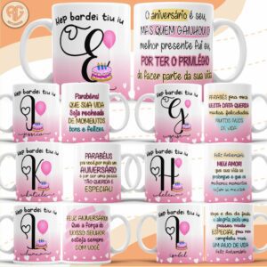 Pacote de Artes Canecas Personalizadas Aniversário Alfabeto Feminino