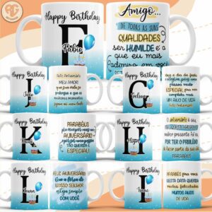 Pacote de Artes Canecas Personalizadas Aniversário Alfabeto Masculino