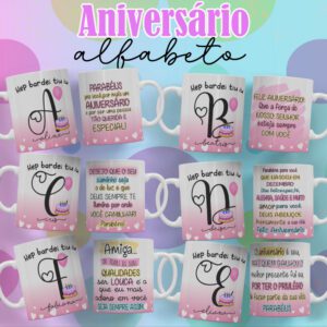 Pacote de Artes Canecas Personalizadas Aniversário Alfabeto Feminino
