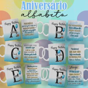 Pacote de Artes Canecas Personalizadas Aniversário Alfabeto Masculino